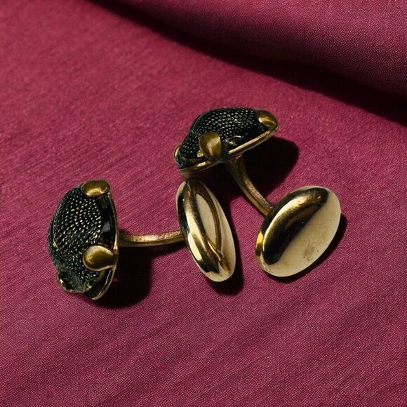 ANTIQUE- 9K Gold -Victorian- Natural Scarab Cufflinks- -6.2g Real Green Beetles - Picture 16 of 16